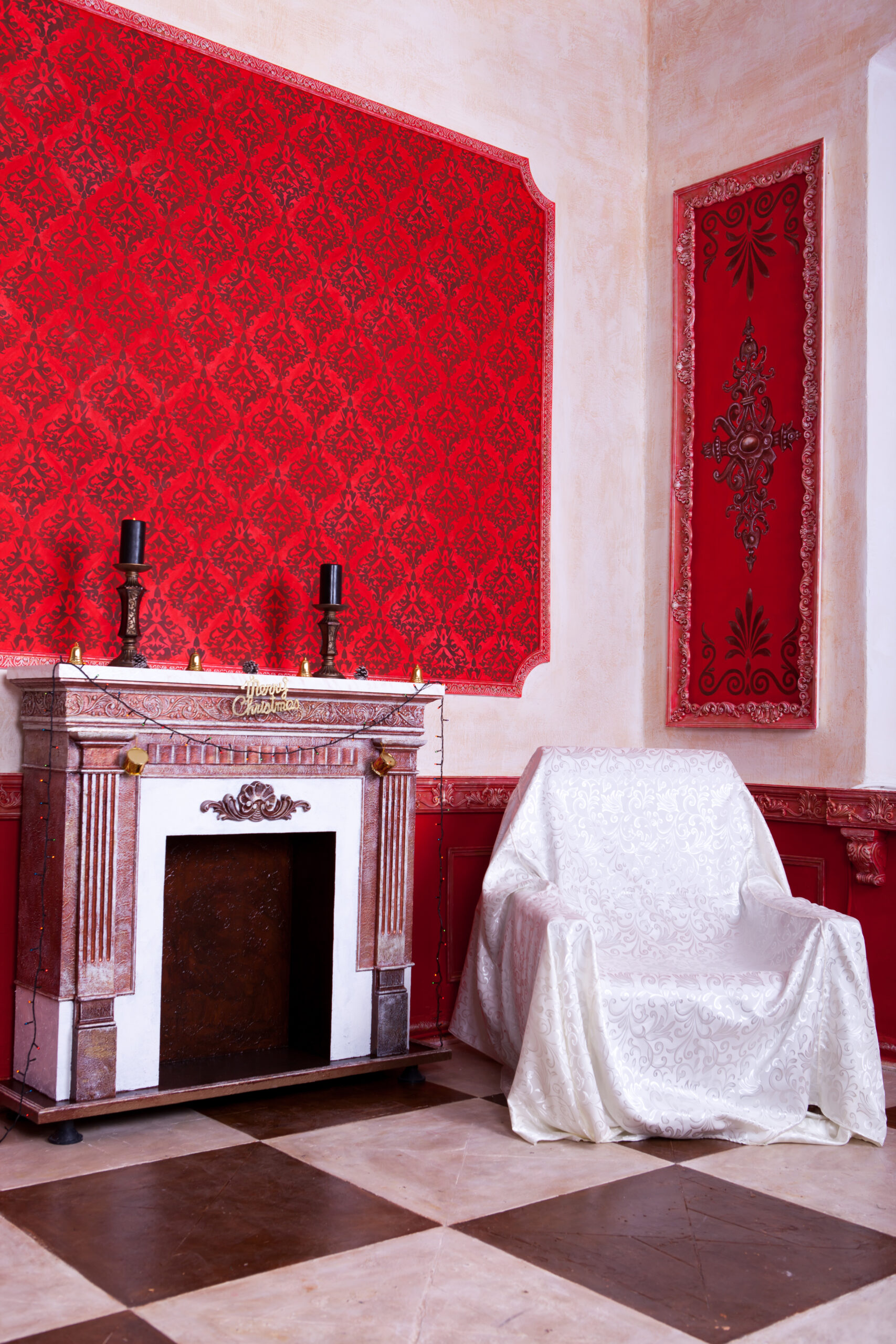 Christimas interior in red vintage room studio shot